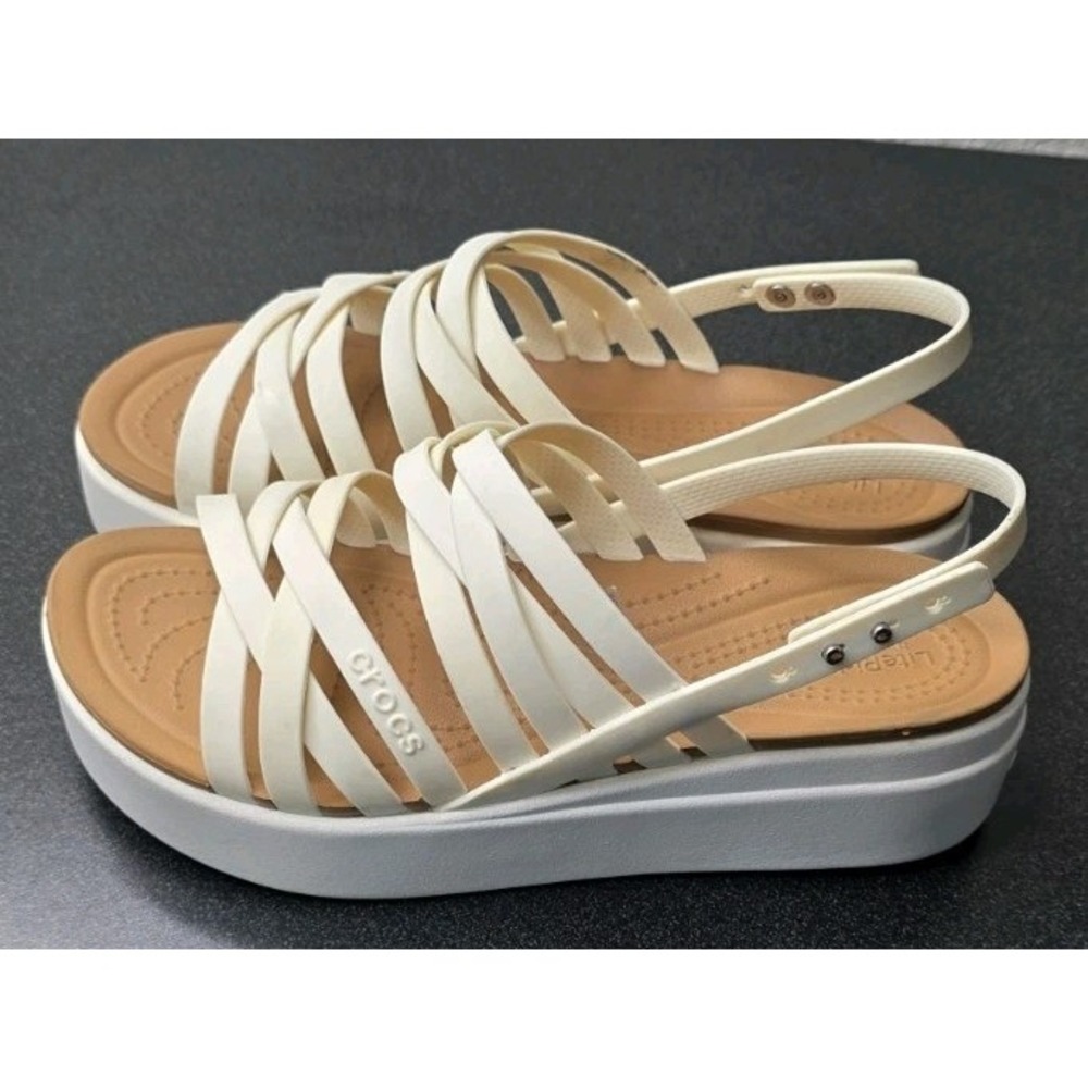 Crocs Brooklyn Women 7 Ivory Tan Strappy Low Wedge Platform Sandals Beach Boho